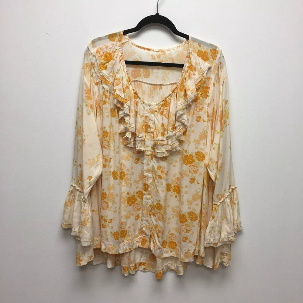 Free People Womens Orange Loretta Floral Oversized Flare Sleeve Tunic Blouse